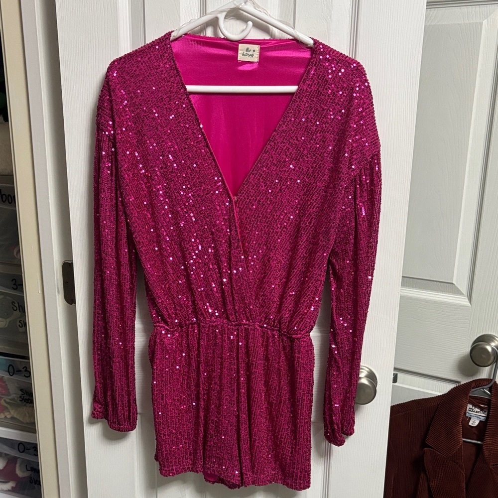 Pink Sequin Long Sleeve romper W/ POCKETS!